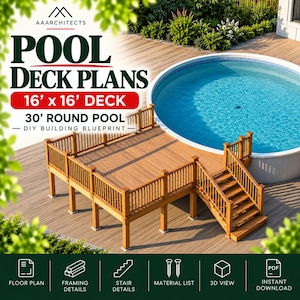 May include: Pool deck plans for a 16' x 16' deck and 30' round pool. The blueprint features a wooden deck with railings and stairs next to a circular pool. Includes icons for floor plan, framing, stairs, material list, 3D view, and instant download.