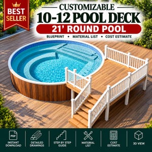Customizable 10-12 Pool Deck 21 Round Pool Blueprint with Material List, Cost Estimate.