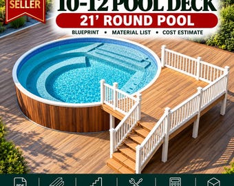 May include: A customizable 10-12 pool deck for a 21' round pool, featuring a wooden deck with white railings and stairs. The digital document includes a blueprint, material list, and cost estimate, with icons for PDF, drawings, and 3D view.