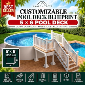 Może przedstawiać: Cyfrowy projekt pokładu basenowego o wymiarach 5' x 6' z białą balustradą i drewnianymi schodami. Obraz zawiera tekst: AAARCHITECTS, CUSTOMIZABLE POOL DECK BLUEPRINT, 5 x 6 POOL DECK, DIGITAL DOWNLOAD, MATERIAL LIST, COST ESTIMATE oraz 5' x 6' DECK SIZE.