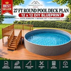 27 Ft Round Pool Deck Plan | 12x12 DIY Blueprint (PDF Download)