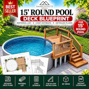 May include: A 15-foot round pool deck blueprint featuring a material list, cost estimate, and detailed plans. The image shows a wooden deck with black railings adjacent to a round pool, alongside technical drawings and icons for instructions.
