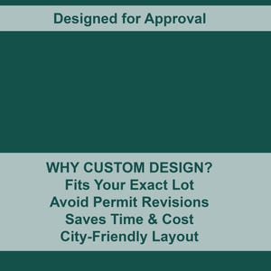Peut inclure: Un graphique vert d'eau et gris clair avec le texte "Designed for Approval". En dessous, le texte "WHY CUSTOM DESIGN?" est suivi de puces : "Fits Your Exact Lot", "Avoid Permit Revisions", "Saves Time & Cost" et "City-Friendly Layout".