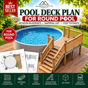May include: A digital pool deck plan for a round pool by AAARCHITECTS, featuring detailed blueprints, a material list, and a cost estimate. The image displays a round pool with a wooden deck and stairs, alongside technical floor plan drawings.