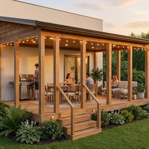 Puede incluir: Una terraza de madera con una pérgola, luces de cadena y una barbacoa. La gente se reúne alrededor de una mesa y en un sofá. Plantas verdes y césped rodean la terraza, creando un espacio de vida al aire libre.
