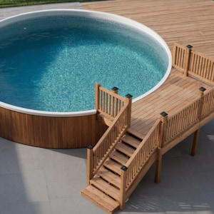 Plan personnalisable de 24 piscines rondes pour terrasses de 8 à 12 ans avec liste de matériaux et estimation des coûts.