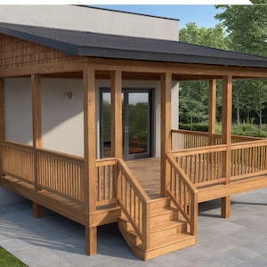 May include: A wooden deck with a roof and railing. The deck has a set of stairs leading up to it. The deck is attached to a house with a white exterior.
