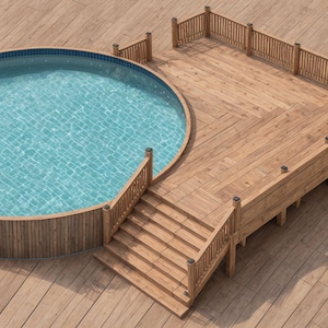 Plan de piscine 25-25 ronds personnalisable pour terrasses de 30 ronds, avec liste des matériaux et estimation des coûts
