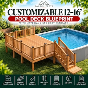 Anpassbarer 12-16 Pooldeck-Bauplan mit Materialliste und Kostenvoranschlag.