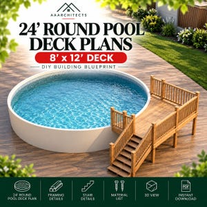 Könnte beinhalten: Ein digitaler Bauplan für ein 7,3 m rundes Pooldeck mit einer 2,4 m x 3,7 m Holzdeckstruktur. Das Bild zeigt einen runden Pool mit Holzdeck und Treppe sowie Textbeschriftungen für Rahmen, Treppendetails, Materialliste und 3D-Ansicht.