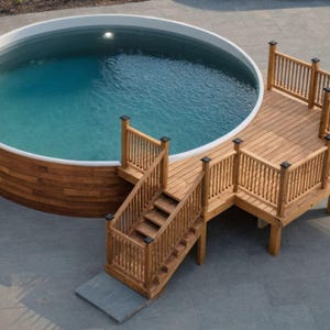 Plan de piscine personnalisable de 8 à 16 ans, 24 piscines rondes avec liste de matériaux, estimation des coûts.