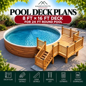 May include: A set of pool deck plans for a 2.44 m by 4.88 m deck designed for a 7.32 m round pool. The image shows a wooden deck with stairs and railings adjacent to a circular pool. Includes icons for deck plan, framing, stairs, materials, and cost.