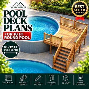 Customizable 10-12 Pool Deck 18 Round Pool Blueprint with Material List, Cost Estimate