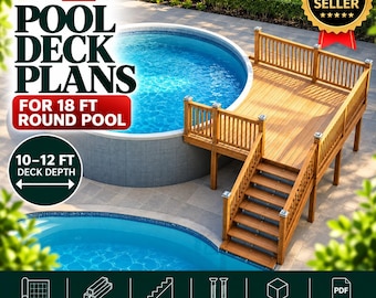 May include: A wooden pool deck design for an 18 ft round pool with 10-12 ft deck depth. The image features a brown wooden deck with stairs, railings, and text overlays including AAARCHITECTS, POOL DECK PLANS, and a BEST SELLER badge.