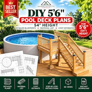Może przedstawiać: Plany budowy tarasu przy basenie DIY 5'6" dla wysokości 54". Zawiera szczegółowe projekty, listę materiałów i kosztorys. Obraz przedstawia drewniany taras ze schodami obok okrągłego basenu naziemnego oraz techniczne rysunki konstrukcyjne.