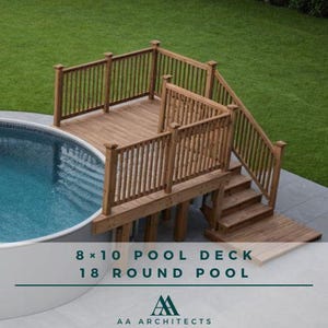 Plan de piscine personnalisable de 8 à 10 ponts de 18 ronds avec liste de matériaux et estimation des coûts.