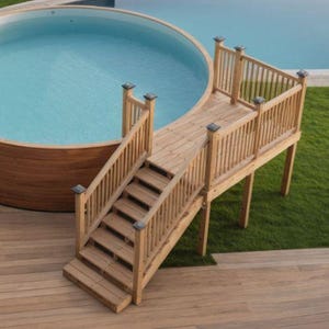 Plan de piscine personnalisable 6-8 avec terrasses de 18 rondes avec liste de matériaux et estimation des coûts.