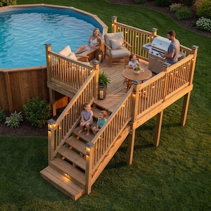 Op de afbeelding: Een houten dek met meerdere niveaus omringt een zwembad, met een gezin dat geniet van de buitenruimte. Het dek heeft een grill, zithoeken en trappen. De scène speelt zich af op een groen gazon, met blauw water in het zwembad.
