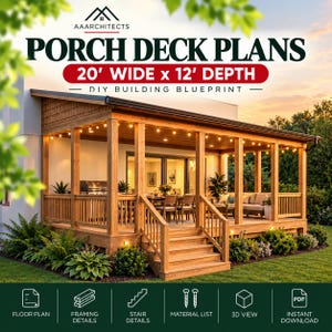 May include: A digital blueprint for a porch deck measuring 20' wide by 12' deep. The graphic features the text AAARCHITECTS PORCH DECK PLANS 20' WIDE x 12' DEPTH DIY BUILDING BLUEPRINT, with icons for floor plan, framing, stairs, materials, and 3D view.