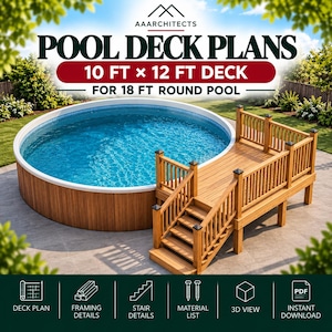 Könnte beinhalten: Ein Pooldeck-Plan für ein 3,05 m x 3,66 m Deck für einen 5,49 m Rundpool von AAARCHITECTS. Das Bild zeigt ein erhöhtes Holzdeck mit Treppen und Geländern neben einem runden Pool, inklusive Symbolen für Deckpläne, Rahmendetails, Treppen, Materialliste, 3D-Ansicht und PDF-Download.