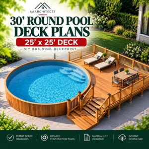 Anpassbarer 25-25 Pool Deck 30 Round Pool Blueprint mit Materialliste und Kostenvoranschlag