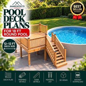 May include: Wooden pool deck plans for an 18 ft round pool, featuring a 12x12 ft deck size. Includes text for deck plan, framing details, stair details, material list, 3D views, and instant download. The design shows a raised wooden platform with railings and stairs.