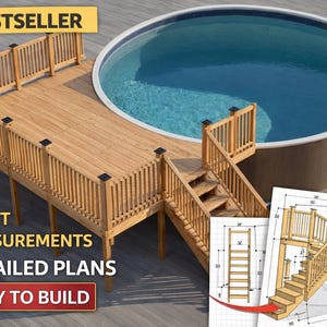 Plano personalizable de terraza para piscina de 12 a 16 pies y piscina redonda de 21 pies con lista de materiales y estimación de costos.