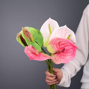 Realistic Anthurium Artificial Flower Bouquet– faux anthurium bouquet, artificial tropical flower arrangement,  no-maintenance home decor