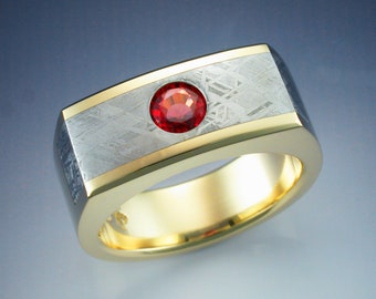 18k Gold Ring with Orange Sapphire & Meteorite
