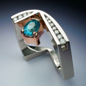 White and rose gold ring with blue Zircon and Diamonds image 1