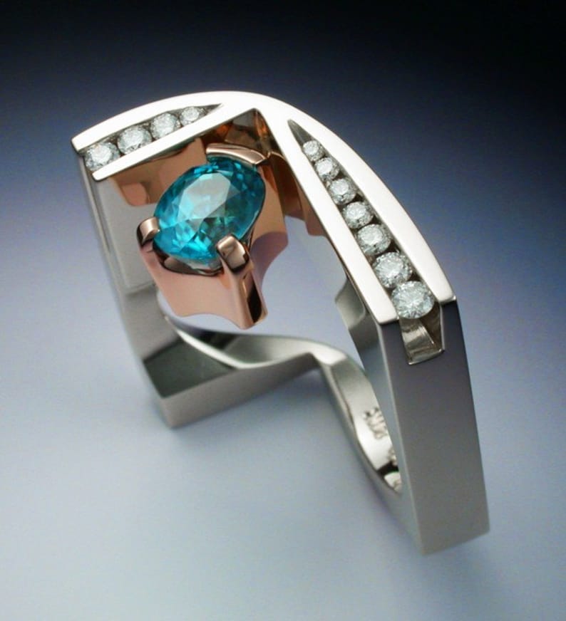 White and rose gold ring with blue Zircon and Diamonds image 1