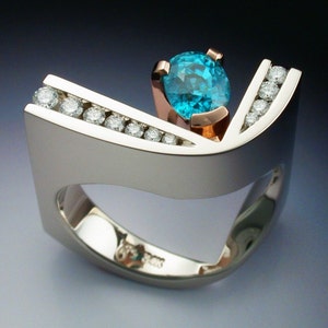 White and rose gold ring with blue Zircon and Diamonds image 4