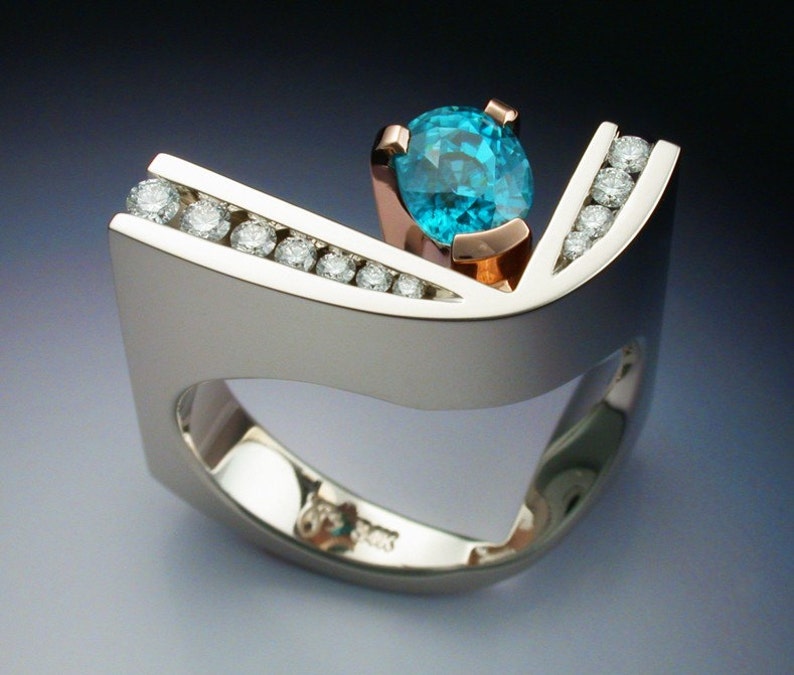 White and rose gold ring with blue Zircon and Diamonds image 4