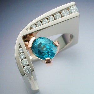 White and rose gold ring with blue Zircon and Diamonds image 3