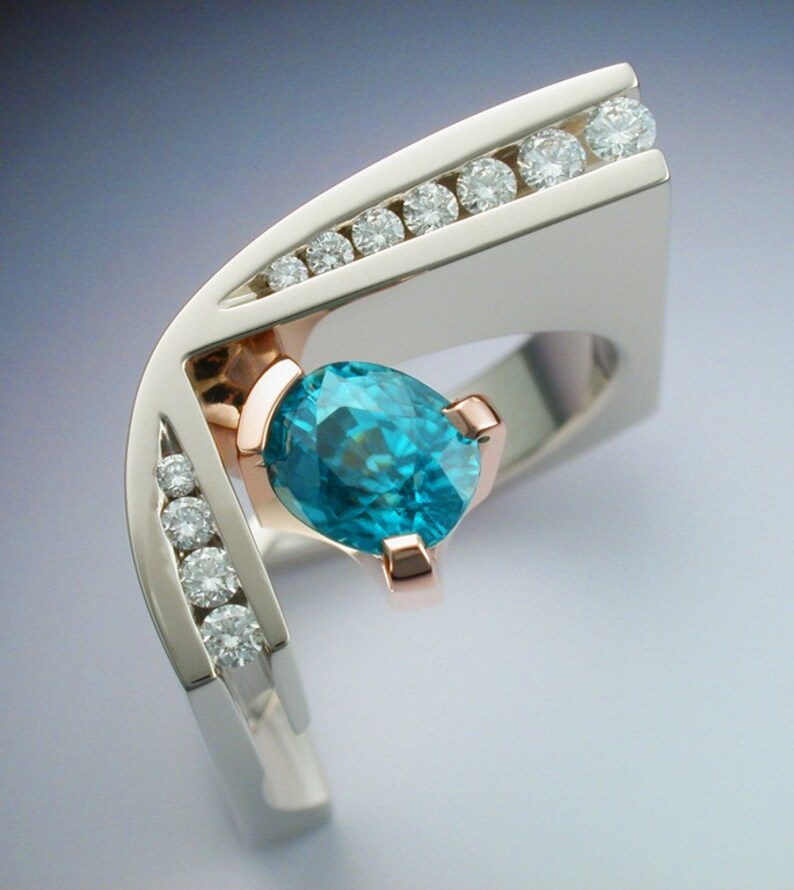 White and rose gold ring with blue Zircon and Diamonds image 3