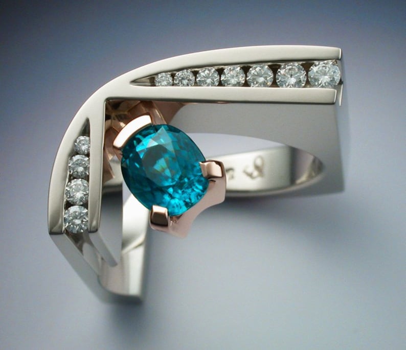 White and rose gold ring with blue Zircon and Diamonds image 2