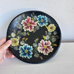 Painted Folk Art Wooden Hanging Plate, Black with Flowers