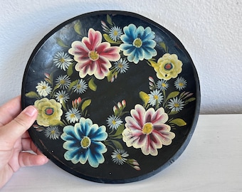 Painted Wooden Hanging Plate, Black with Flowers