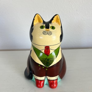 Vintage Ceramic Hand-Painted Tuxedo Cat with Red Boots | Joan de Bethel Rye Style Pottery