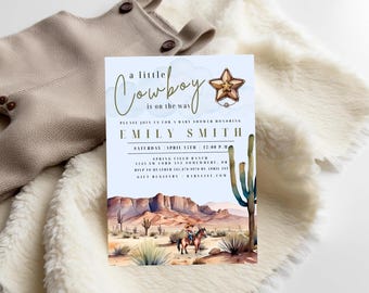 Little Cowboy Baby Shower Invitation - Desert Western Theme Editable Canva Template | Instant Download
