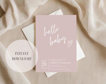 Hello Baby Shower Invitation Template - Editable Digital Download for Baby Shower, Minimalist Pink Baby Invite, Modern Gender Neutral Design