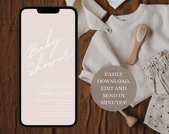 Soft Pink Minimalist Baby Shower Invitation | Modern Digital Evite | Editable Canva Template | Instant Download