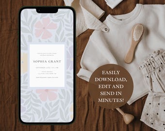 Light Blue Modern Floral Baby Shower Invitation | Digital Baby Shower Evite | Editable Template | Instant Download
