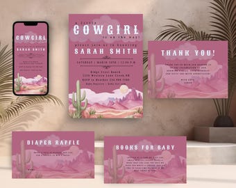 Cowgirl Baby Shower Invitation Bundle | Western Cowgirl Theme | Includes Invitation, Thank You Card & More | Editable Canva Template