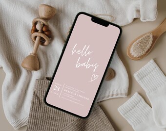 Pink Hello Baby Shower Invitation | Modern Digital Evite | Minimalist Baby Shower Invite | Editable Canva Template | Instant Download