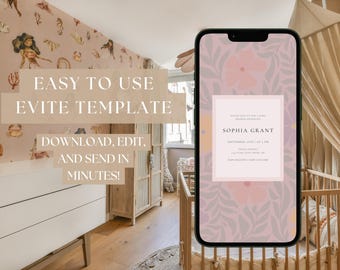 Light Pink Modern Floral Baby Shower Invitation | Digital Baby Shower Evite | Editable Template | Instant Download