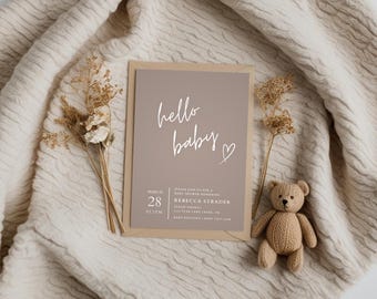 Minimalist Beige Baby Shower Invitation Template - Hello Baby Design - Editable Canva Download - Instant Digital Invite for Email or Print