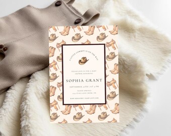 Editable Little Cowboy Baby Shower Invitation Template - Western Party Printable Theme | Instant Download Canva