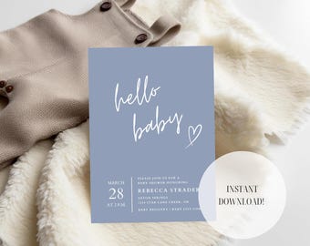 Blue Baby Shower Invitation Template – Editable Digital Design for Baby Boy, Printable 5x7 Card, Hello Baby Minimalist Style