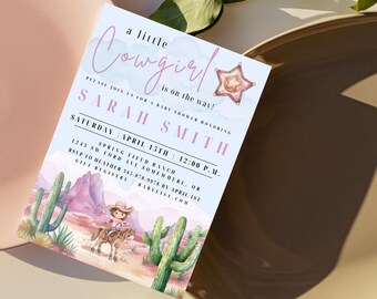 Little Cowgirl is on the Way Baby Shower Invitation | Western Cowgirl Baby Shower Invite | Editable Canva Template | Instant Download